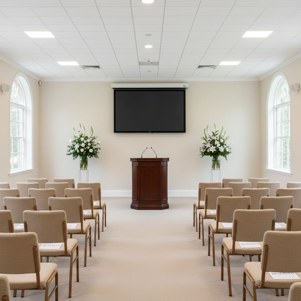 A wide, photographic view of a serene memorial service venue interior, focusing on an elegant wooden lectern at the front of the room, flanked by simple white floral arrangements and a large blank display screen ready for a photo slideshow. Neatly arranged rows of cushioned chairs recede into the background, with reserved signs placed discreetly on a few aisle seats. Soft, even overhead lighting combines with diffused daylight from side windows to create a calm, respectful ambiance. Captured from a slightly elevated angle with sharp focus throughout, the composition suggests clarity and organization, ideal for visually supporting funeral service details such as date, time, and location in a professional, understated style.
