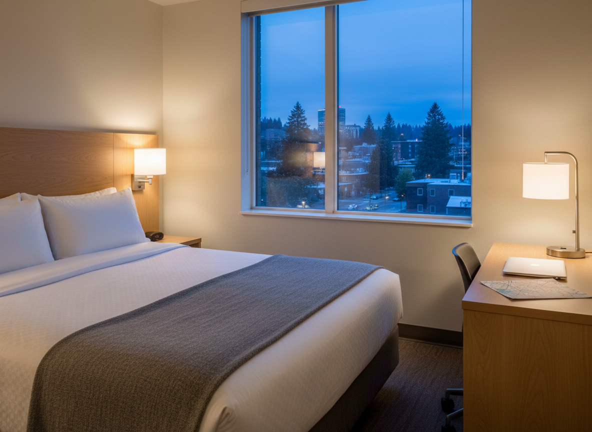 A tasteful, photographic composition of a hotel welcome area representing lodging options in Spokane, featuring a neatly made queen bed with crisp white linens, a charcoal grey throw blanket, and a light wood headboard. A small desk in the corner holds a simple lamp, a closed laptop, and a folded city map, while a large window reveals a soft-focus view of a Northwest city skyline and evergreen trees at dusk. Warm, ambient lighting from bedside lamps mixes with the cool blue evening light, creating a balanced, comfortable atmosphere. Shot from a corner of the room with a wide lens and clean, modern aesthetic, the image conveys convenience and quiet rest for visiting memorial guests.