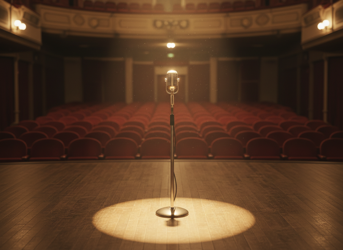 A softly lit comedy club stage with a single vintage microphone under a warm spotlight