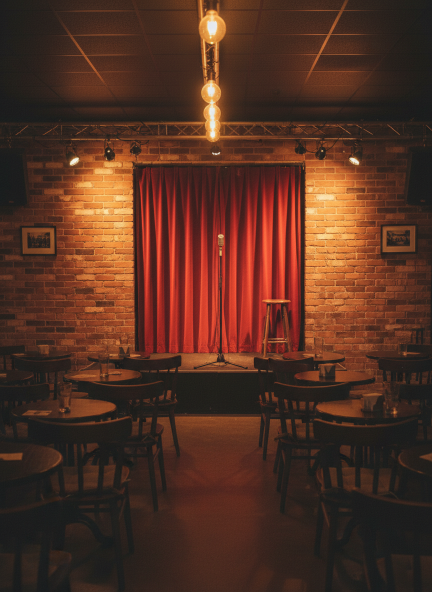 Warm interior of an intimate comedy club with amber stage lighting